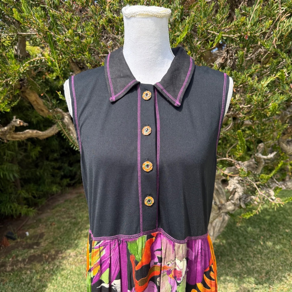 Carole Little Sleeveless Maxi Dress Black Floral Tropical Button Front USA 10 - Picture 5 of 10
